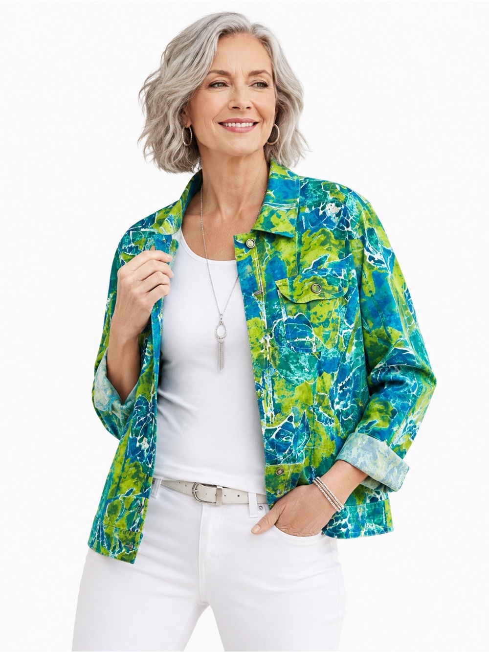 Chico’s Size 3 XL Blue Green Floral Cotton Stretch Artsy Jacket